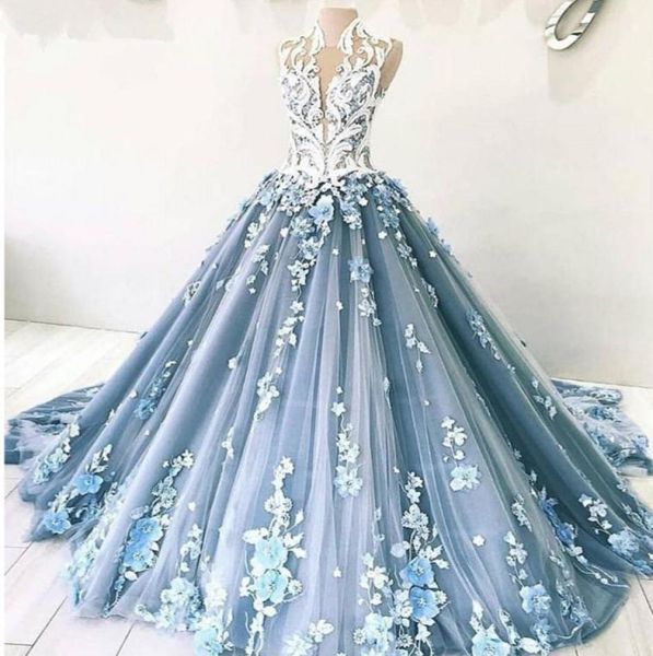 Romantische 3D-Blumen-Abschlussballkleider, Perlenspitze, Tüll, Ballkleider, Stehkragen, Abendkleid, Robe de Soiree, formelle Partykleider 1080322