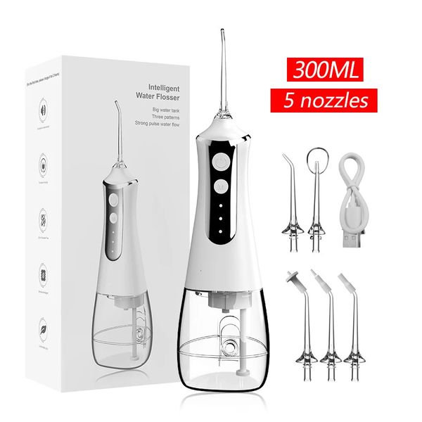 Irrigador oral dental água flosser fio dentes escolher boca máquina de lavar 5 bocais 3 modos usb recarregável 300ml tanque 240307