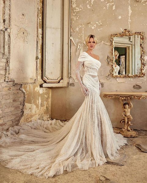 Abito da sposa sirena pizzo ricamato monospalla manica lunga allacciatura filato da sposa Gwon Vestido De Novia