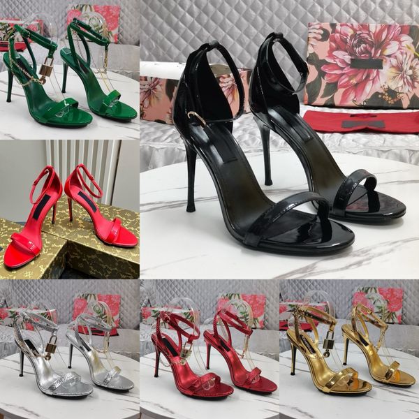 Top sandálias saltos sapatos de grife finos saltos altos mulheres sapato elegante marca sapatos cadeado pontiagudo sandálias nuas bloqueio de hardware luxo couro patente mulheres saltos de festa