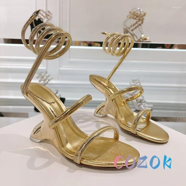 Sandali 2024 Sexy Pure Snake cinturino alla caviglia sandalo con zeppa in pelle peep toe tacco alto scarpe da sposa abito di lusso di grandi dimensioni