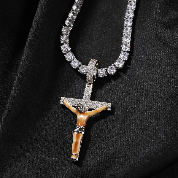 Hip Hop Emaille Jesus Kreuz Anhänger Halskette Pullover Kette 5A Zirkon Herren Religion Schmuck