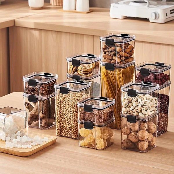 Lagerung Flaschen Kunststoff Getreide Box Transparent Getreide Behälter Getrocknete Glas Reis Kühlschrank Tank Kaffee Bean Organizer Küche Werkzeuge