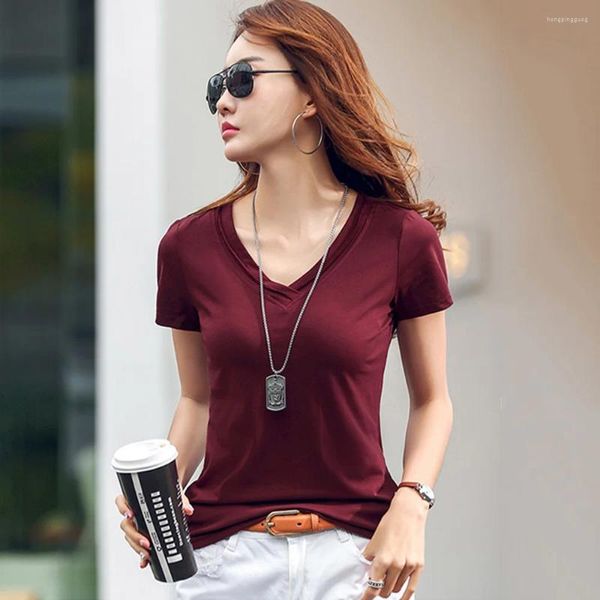 T-shirt da donna T-shirt con scollo a V da donna Moda estiva Casual Manica corta T-shirt slim Top Semplicità classica Cotone di base Bordeaux