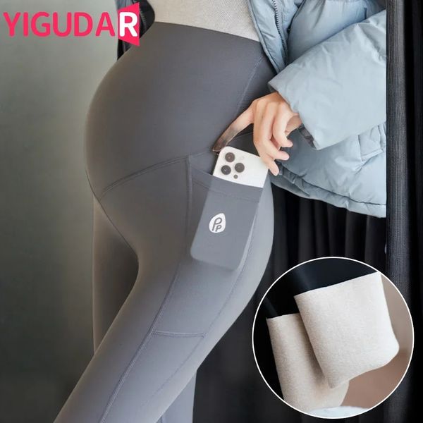 Mulheres grávidas roupas maternidade leggings gravidez elástica proteção da barriga calças de maternidade de pelúcia engrossar calças inverno 240311