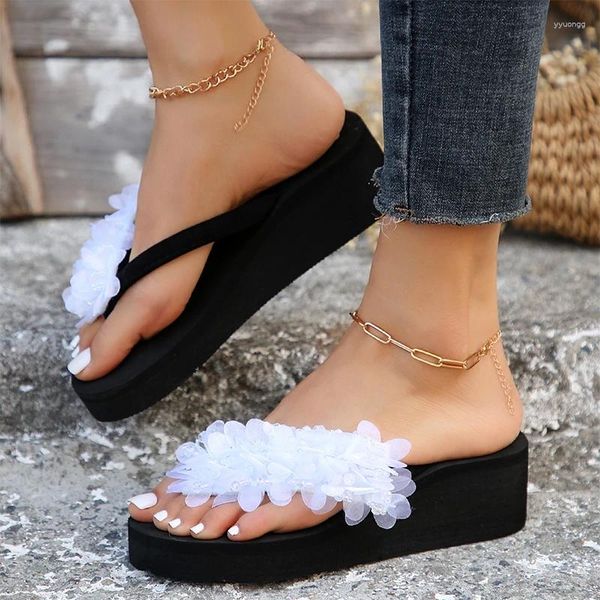 Hausschuhe Bling Blume Clip Toe Frauen High Heels Sommer Strand Sandalen 2024 Keile Plattform Schuhe Slingback Flip-Flops Dame Rutschen