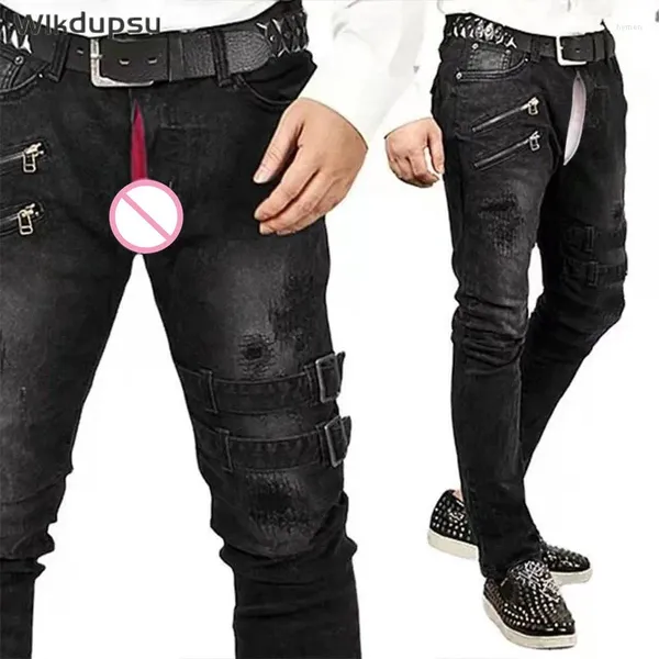 Jeans da uomo a vita alta sexy esotici con apertura sul cavallo Jean primavera estate fidanzato moto pantaloni skinny casual da strada in denim