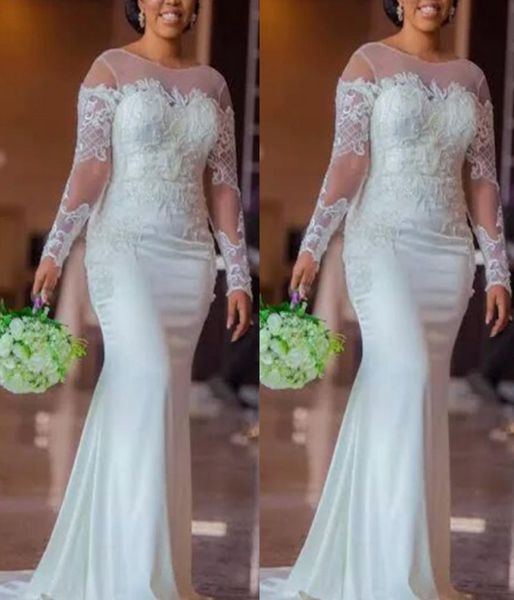 Elegantes, langärmeliges Meerjungfrau-Hochzeitskleid, fabrikgefertigt, nach Maß, hochwertige Spitze, applizierte Brautkleider, Vestido De Novia mit Swe1782297
