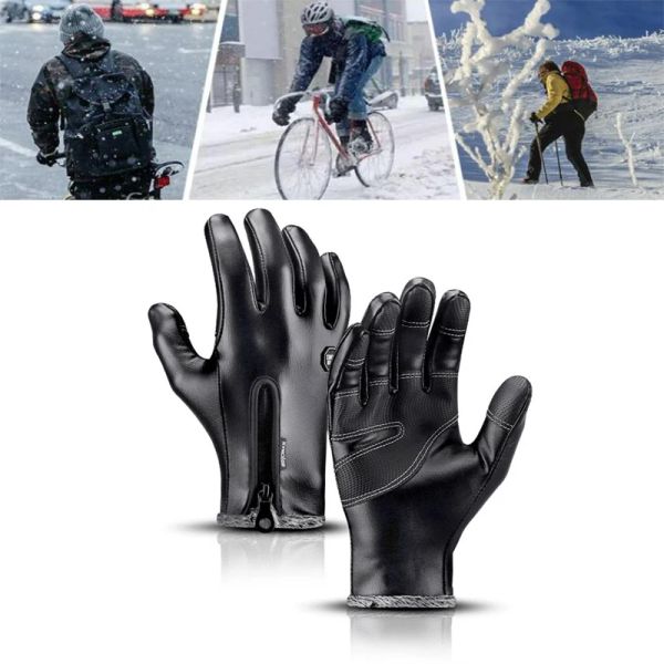 Luvas Luvas quentes Tela Touch Screen Cold d'água à prova de vento frio Luvas de couro térmicas com zíper para homens mulheres esportes ao ar livre de inverno