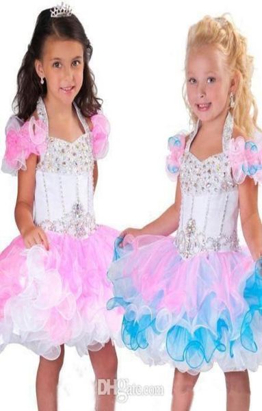 Adorável halter uma linha mini glitz girls039 pageant vestidos sem costas contas de cristal tubulação organza cupcake rosa branco flor menina d4163027