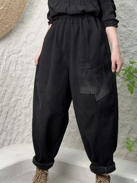 Damen Jeans 2024 Frau Falten Künstlerische Patch Patchwork Tasche Hinzugefügt Samt Wärme Mode Lose Elastische Taille Gerade Harem Hosen