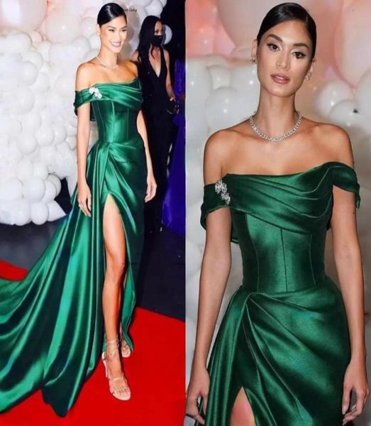 Hunter Green Red Carpet Prom Dresses Off Shoulder High Side Split Dubai Arabic Aso Ebi Plissee Stain Prom Dress Formeller Abend Par2419300