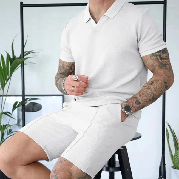 Tracksuits masculinos homens loungewear cordão elástico cintura outfit casual verão conjunto com decote em v camiseta larga perna shorts para