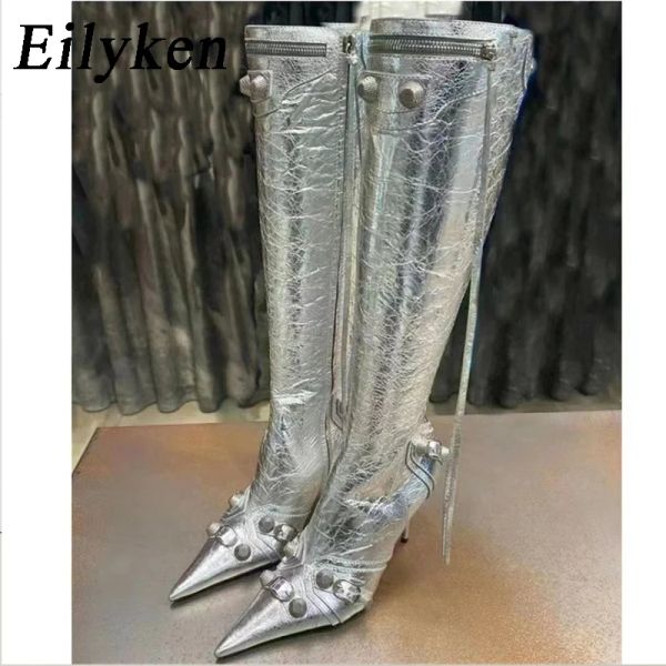 Botas Eilyken 2023 Winter Gold Silver Designer Women Knee High Heels Boots Punk Ponto Motorcicleta Sexy Long Retro Zapatos Mujer