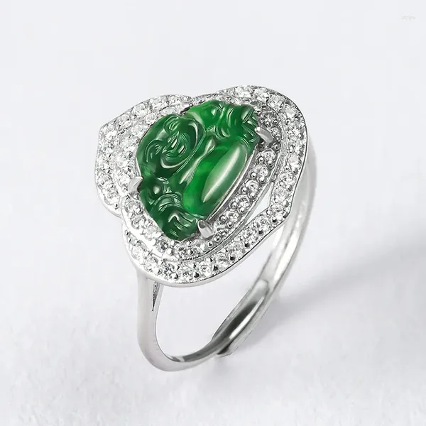 Anéis de cluster puro 925 anel de prata esterlina para mulheres inlay natural jadeite verde buda especial jade tamanho americano 5-9 jóias presente