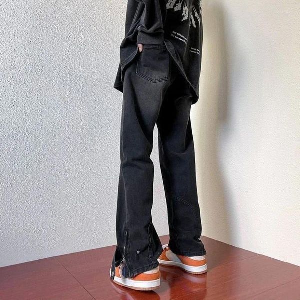 Erkekler için erkek kot punk bootcut erkek kovboy pantolonlar ile siyah pantolon alevlendi fermuar orijinal klasik yumuşak kış yıkalı baggy