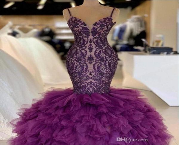 Roxo sereia vestidos de baile com alças finas saia em camadas tule e renda celebridade vestido de noite até o chão sexy 2k19 party3928599