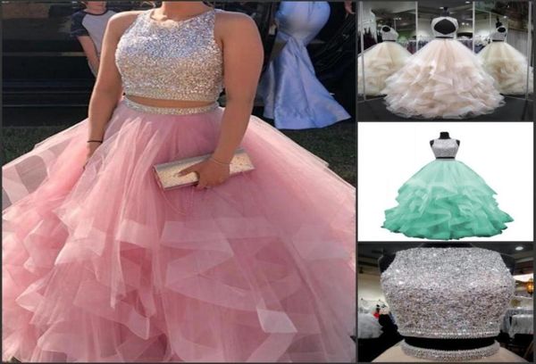 İki parçalı balo elbisesi quinceanera balo elbiseleri kristal boncuklu lüks katmanlı kabarık tül tatlı 16 elbiseler resmi vestidos de 15 anos 3367312