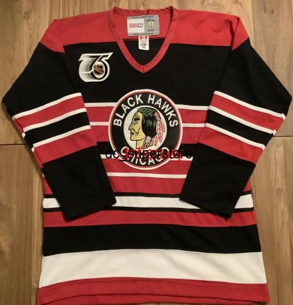 Ucuz Özel Stan Mikita 21 CCM Vintage Hokey Jersey 75th Anniv Blackhawks Erkek Dikiş Herhangi bir sayı adı Erkek Çocuk Hokey Formaları XS7154220