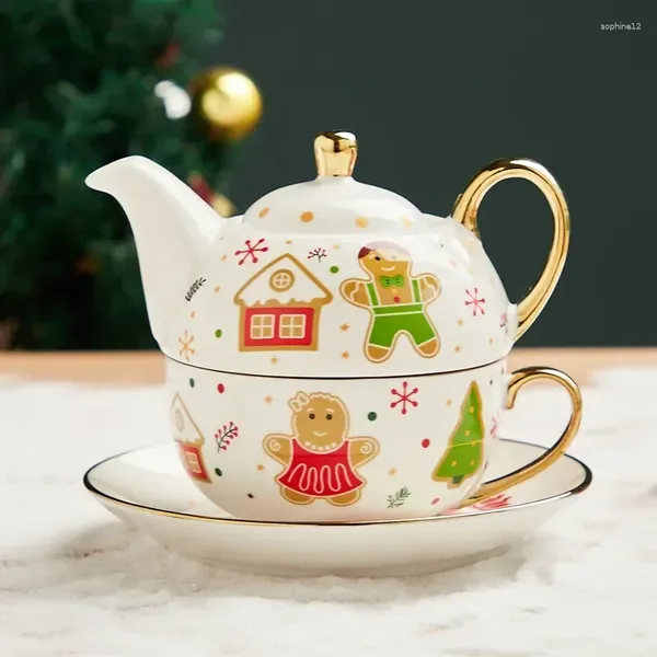 Set di articoli da tè Tè in ceramica da 420 ml per un set Natale Babbo Natale Teiera Tazza piattino Placcatura in oro Maniglia tazza Confezione regalo