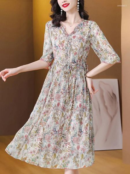 Vestidos de festa floral midi boho verão elegante vestido feminino 2024 v-pescoço babados chiffon túnicas moda coreana bodycon noite