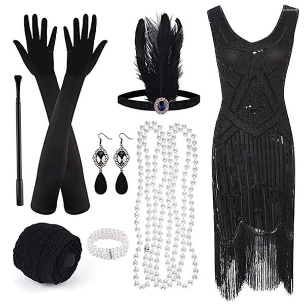 Vestidos casuais retro 20s 1920s flapper vestido outfits headband o grande gatsby lantejoulas femininas borla franja noite