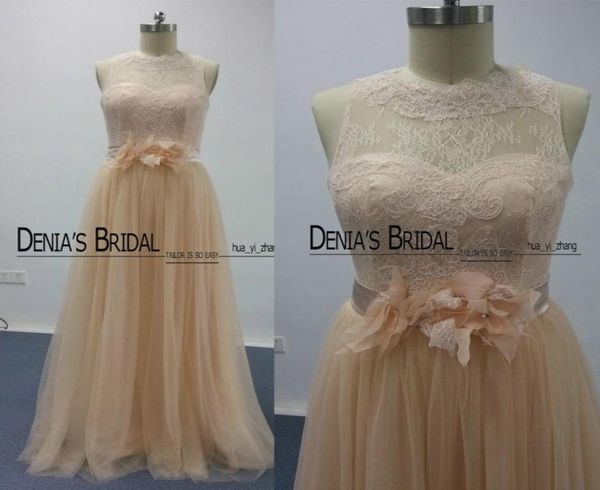 Blush Vestidos de dama de honra 2016 Imagens reais Lace Sheer Bateau Decote Flores Cinto Tule Até o chão Longos Vestidos de dama de honra Dh5963464