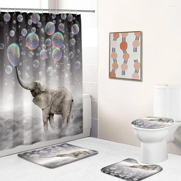 Cortinas de chuveiro conjunto cobertor de banho colorido bolha elefante banheiro cortina tampa do vaso sanitário tapete em forma de u 4 pçs/set