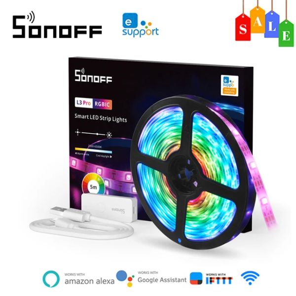 Steuern Sie SONOFF L3 Pro WiFi Smart LED-Streifenlichter RGB/RGBIC 5M flexibles Lampenband kabellos per Sprachsteuerung/lokaler Steuerung mit Alexa ewelink
