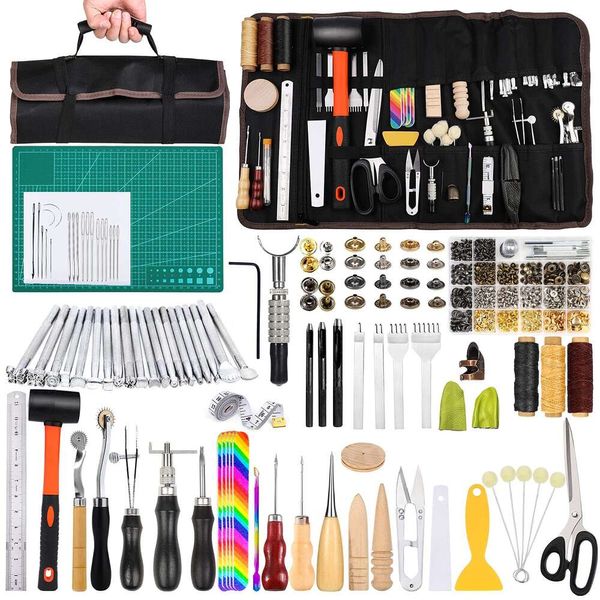 Kit de ferramentas 328pcs, com manual, suprimentos de ferramentas de trabalho, ferramentas para carimbo de couro, kit de ranhurador e rebites adequados para iniciantes e profissionais