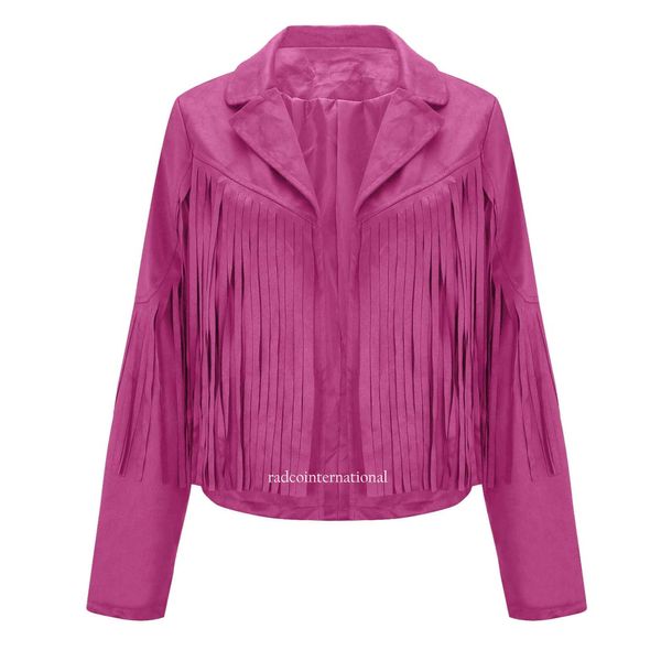 Trench da donna Cappotto stile frange per giacca in finta pelle scamosciata Cardigan a maniche lunghe Rosa caldo