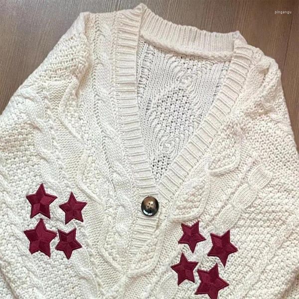 Malhas femininas estrela vermelha bordado moda cardigan de malha com decote em v manga longa blusas soltas 2024 all-match streetwear y2k topo malhas