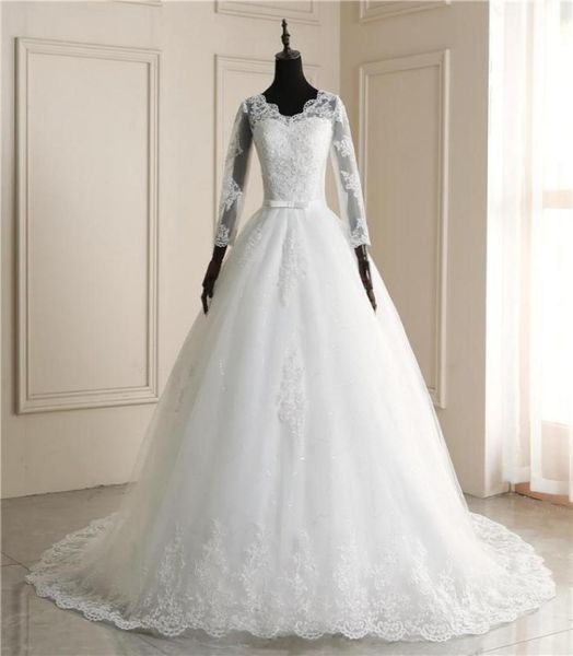 Abito da sposa New Spring Light 2020 Abiti da sposa nuova sposa bianca scollo a V sogno principessa semplice manica lunga applicazioni in pizzo T0041729080