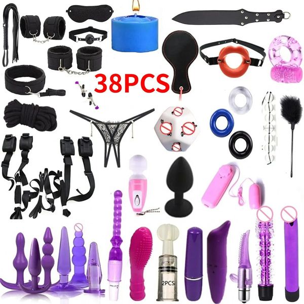 Conjunto de sexo adulto 38 peças Nylon Bondage Set Múltiplos Modelos Anal Plugs Sexy Lace Calcinha Clipe de Mamilo Casais Flertando com Preliminares 240312