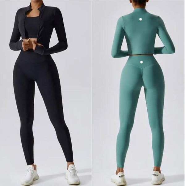 LL-2137 Conjuntos de roupas femininas de ioga de marca três peças sutiã + calça + jaquetas ternos exercício fitness desgaste corrida elástico adulto treino esportivo calças elásticas tops