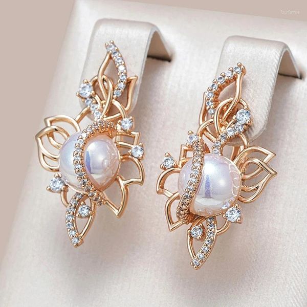 Brincos pendurados kinel luxo 585 rosa ouro gota para mulheres único geométrico oco acessórios de noiva natural zircão pérola jóias presente