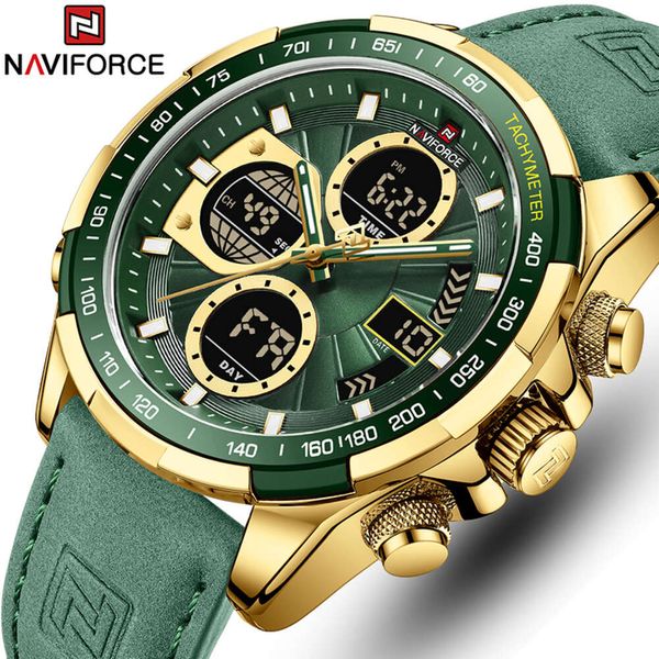 Novo Naviforce relógios para homens de couro à prova dwaterproof água militar esporte quartzo cronógrafo dupla exibição relógio