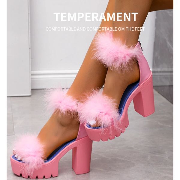 Сандалии женские туфли Sexy Shoes Women Antrap Brap Croky High Heels Summer Faux Fluffy Fur Women Women Sandals Платформа насосы леди