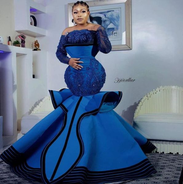 2021 Plus Size arabo Aso Ebi sirena blu eleganti abiti da ballo in pizzo con perline maniche lunghe da sera festa formale secondo ricevimento Gow3355332