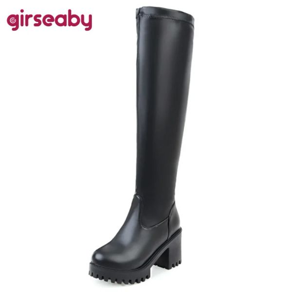 Boots Girseaby New Big Size 3445 14 толстая платформа Женщины Сексуальная скольжение на квадратных высоких каблуках Длинные сапоги водонепроницаемые зимние черные белые F198