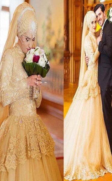 Vestidos de noiva de casamento muçulmano barato alta pescoço manga longa apliques design elegante cristais contagem trem personalizado feito formal wear lo4376746