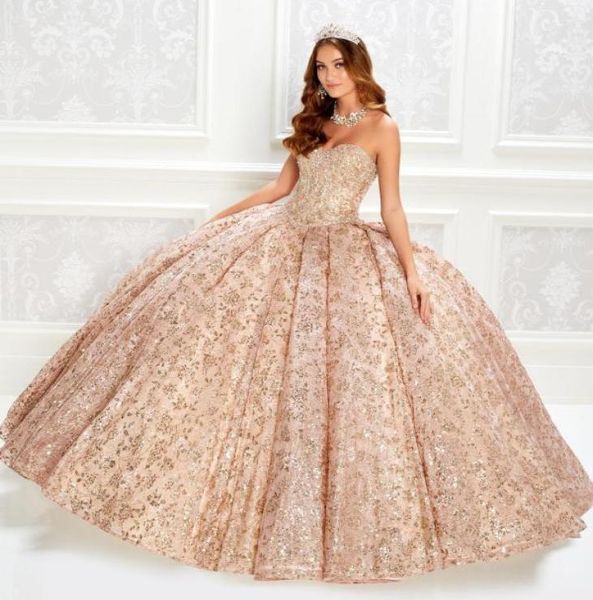 Luxus Rose Gold Ballkleid Quinceanera Kleider Pailletten Mieder Korsett Spitze Perlen Prom Kleid Mit Wrap Prinzessin Party Kleider Laceup5675921