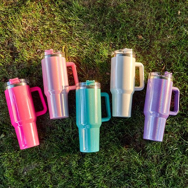 40 Unzen bunte Farbe Stroh Thermoskanne kreative glänzende Farbverlauf Griff Tasse Heißwasserkessel Sommer Home Office Kaltwasserflasche