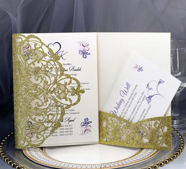 Hochwertige goldglitzernde, lasergeschnittene Taschen-Hochzeitseinladungen mit RSVP-Karte und Umschlag, bedruckbar, hohles Blumenmuster, dreifach gefaltet, Quinceane7731778