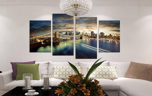 4 pçsset ponte do brooklyn vista noturna sem moldura arte da parede pintura a óleo sobre tela seascape pinturas imagem decoração sala de estar3726500