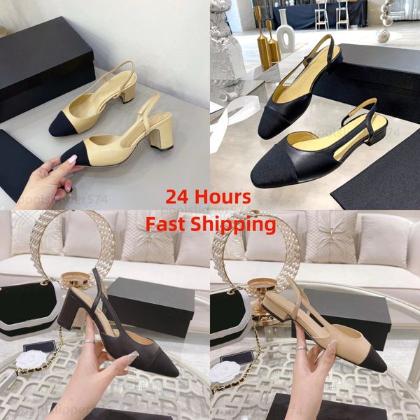 Designer Slingbacks High Heels Women Sandal Channel Dress Dress Scarpe in pelle vera Scarpe Designer Sandals Sandals High Heel Party Shipping Fast Shipping