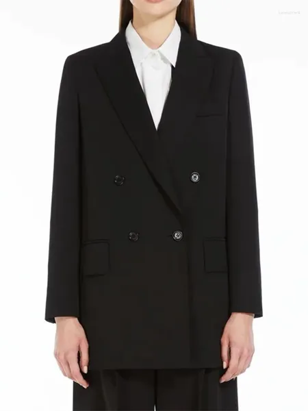 Abiti da donna Classico Blazer doppiopetto in lana 2024 Primavera ed estate Donna Casual Temperamento Pendolarismo Giacca nera