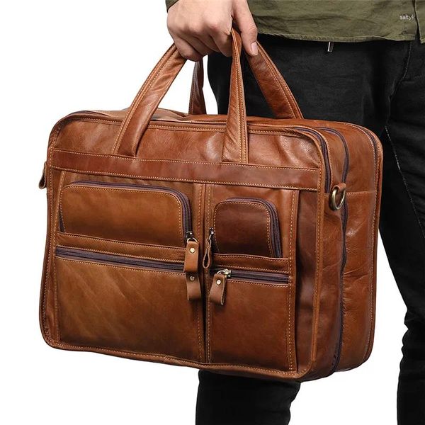 Aktentaschen Vintage A4 Braun Kaffee Top Grain Echtes Leder Executive 14'' Laptop Männer Aktentasche Schulter Messenger Tasche Portfolio M9913