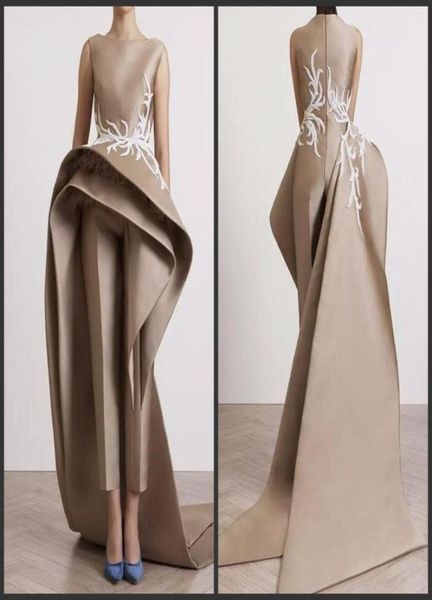 Neue besondere Champagner-Jumpsuits, Abendkleider, weiße Applikationen, Reißverschluss, ärmelloses Ballkleid, Promi-Cocktailkleid mit Abtrennung7170934