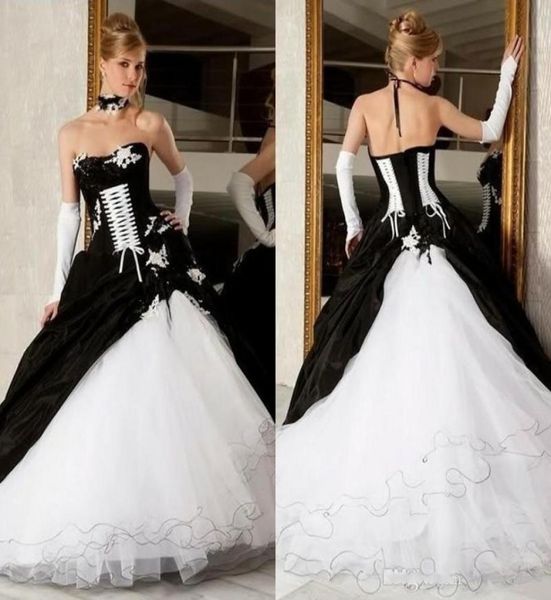 Vintage Schwarz-Weiß-Ballkleid-Brautkleider 2019, rückenfreies Korsett, viktorianische Gothic-Brautkleider in Übergröße, günstig3470955